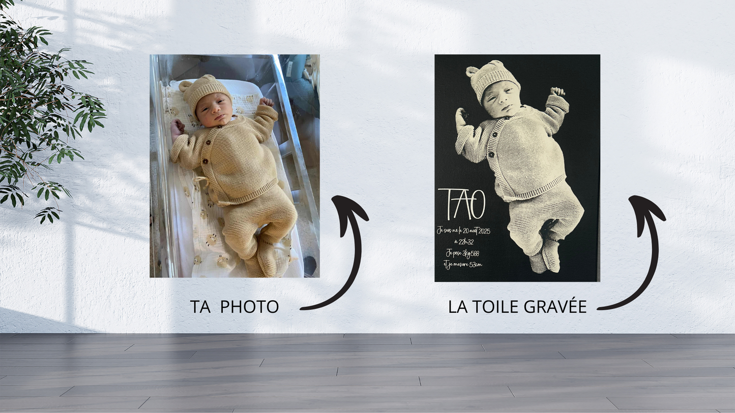 Cadeau artisanal toile gravée noir et blanc idéal pour naissance