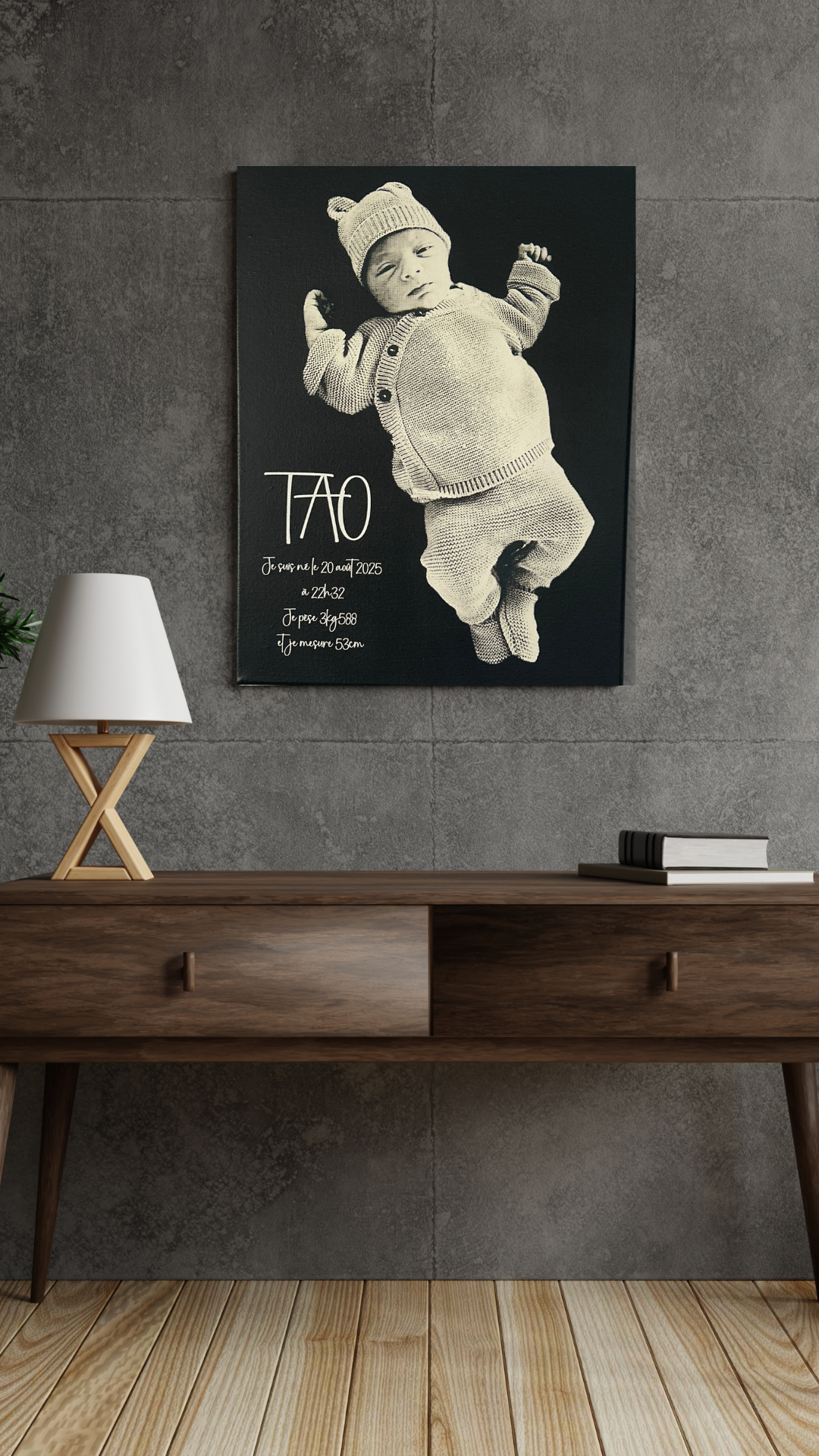 toile gravée artisanale pour cadeau de naissance